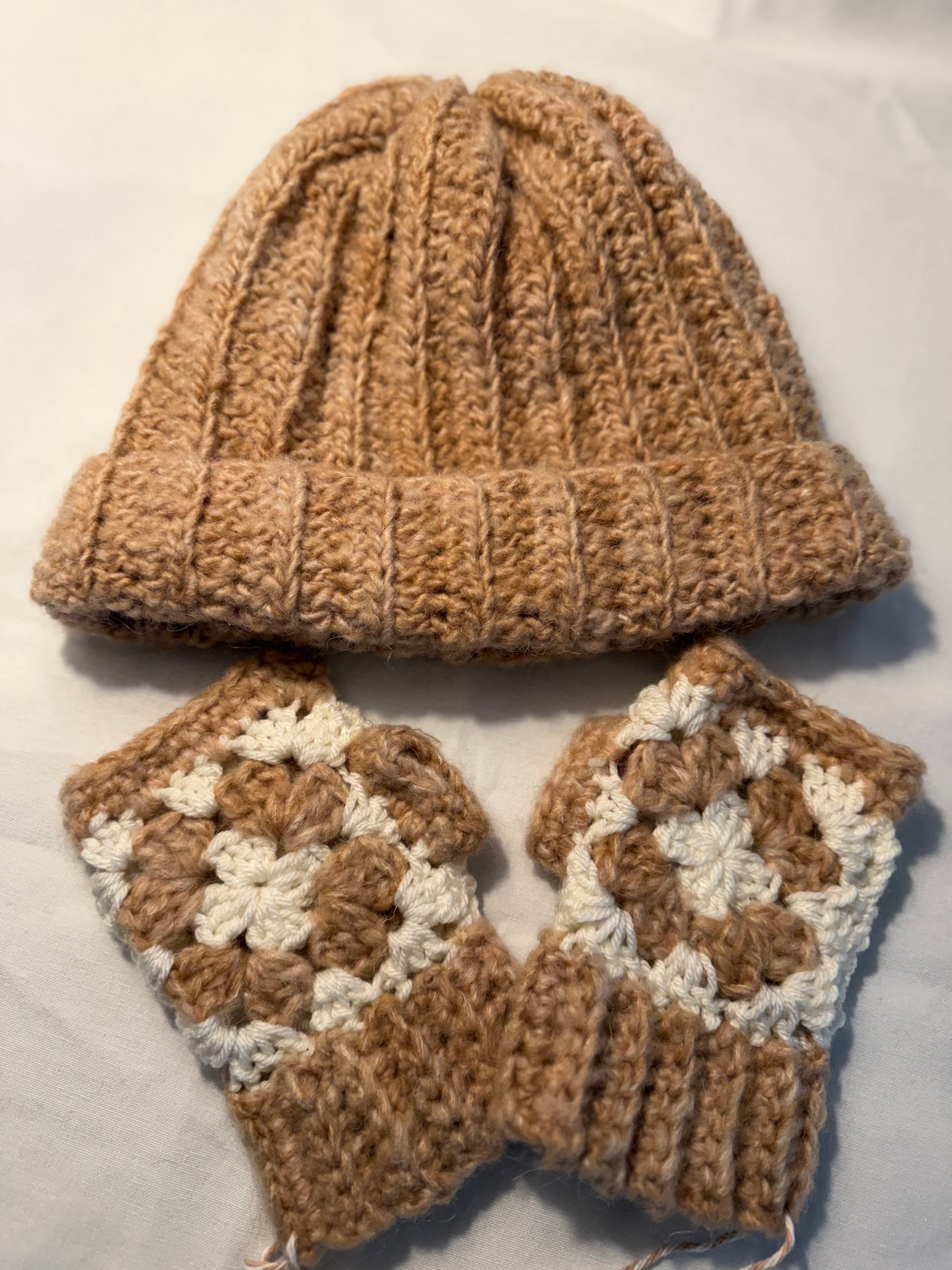 Crocheted Wool Beanies and Hand Warmers