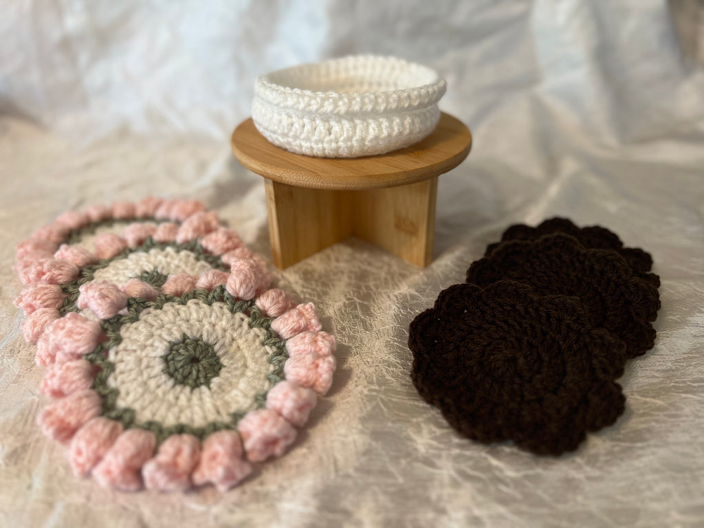 Crocheted Flower Pot Coaster Set