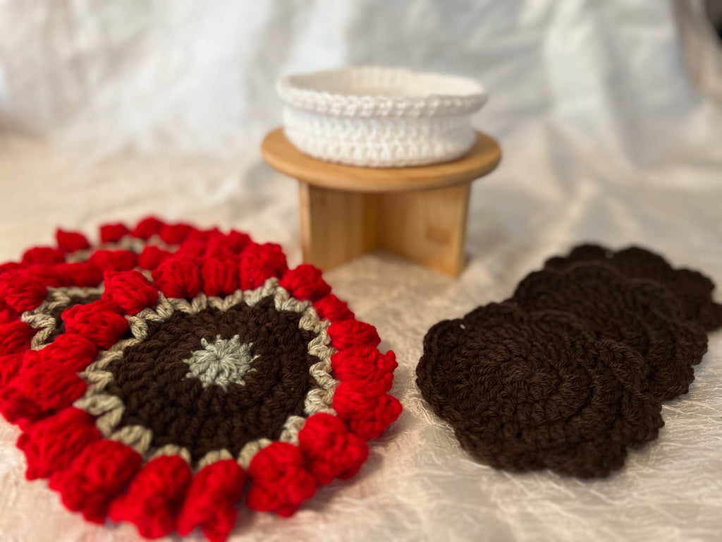 Crocheted Flower Pot Coaster Set