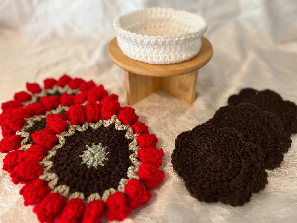 Crocheted Flower Pot Coaster Set